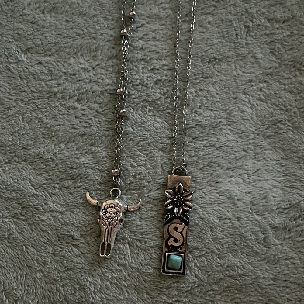 Silver Bull Skull and Initial Pendant western Necklaces